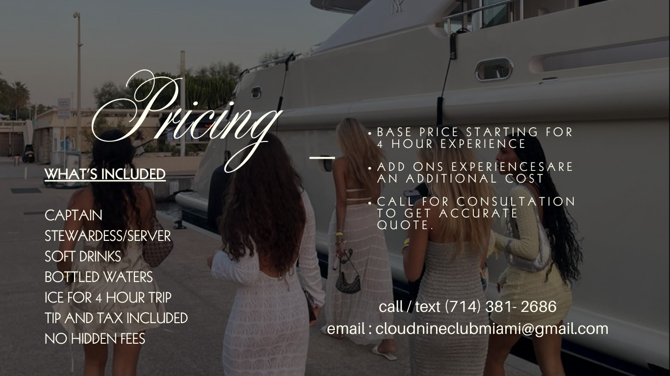 People boarding a yacht at a marina with pricing information for a yacht experience overlayed on the image.