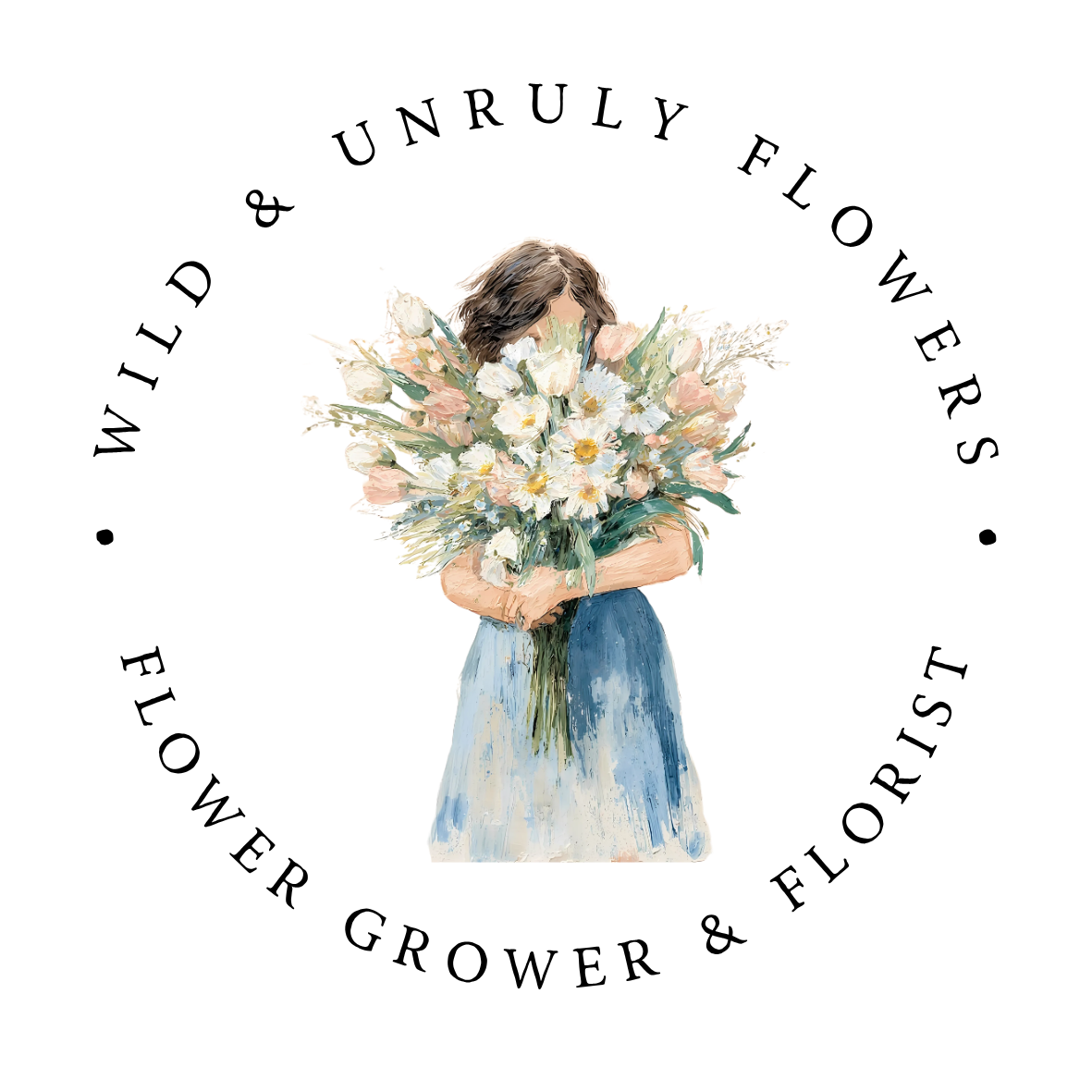 Wild and Unruly Logo with a girl with brown hair holding a bouquet of flowers