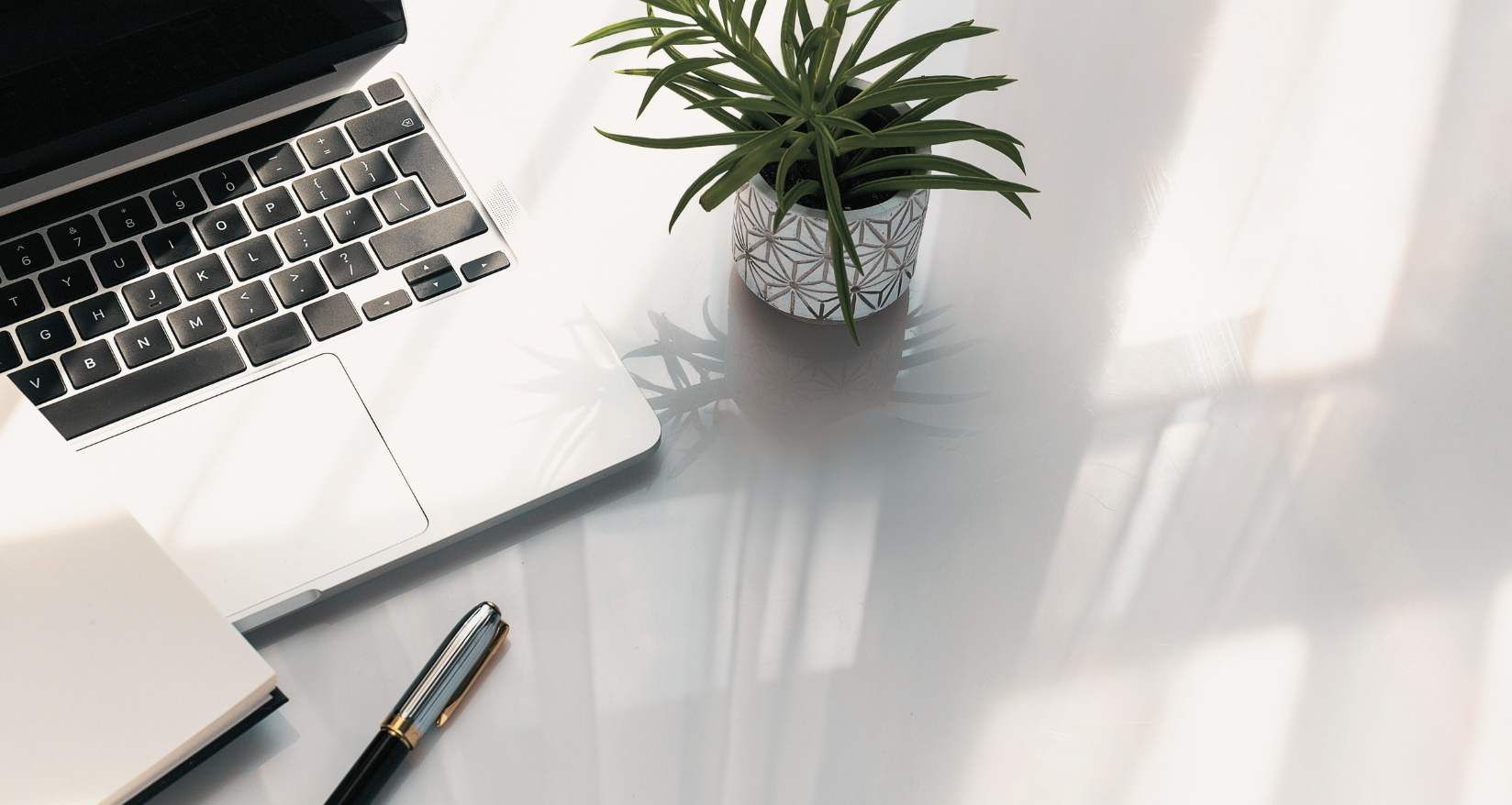 A laptop computer with a black keyboard and silver body, a green potted plant in a patterned white cup, a closed notebook, and a black and gold pen on a white desk.