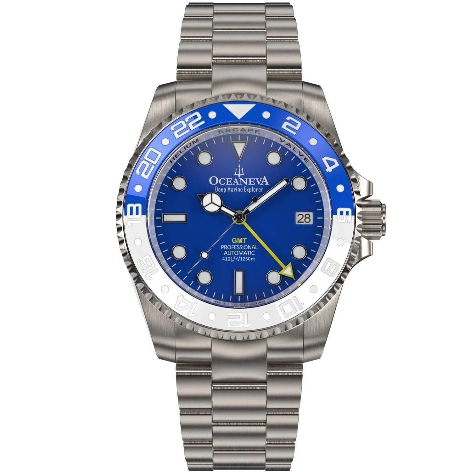 Oceaneva Men's GMT TITANIUM Automatic Deep Marine Explorer 1250M Blue & White Ceramic Bezel Watch