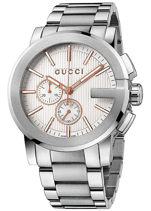 Gucci G Chrono Chronograph Silver Dial Silver Steel Strap Watch For Men - Model # YA101201 - Modern Design and Swiss Perfection