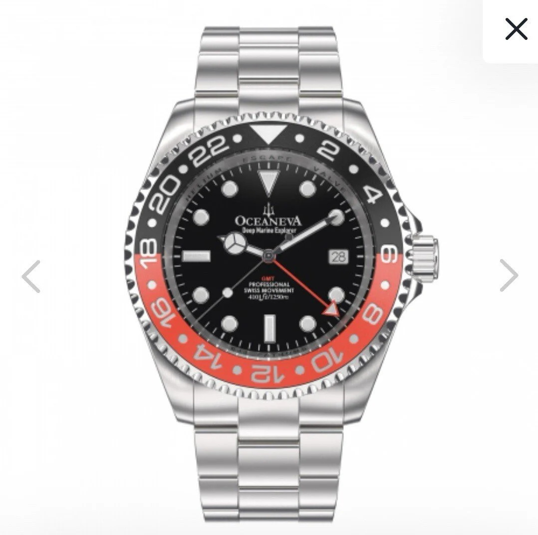 Oceaneva Men's GMT Automatic Deep Marine Explorer 1250M Pro Diver Black & Red "COKE" Watch
