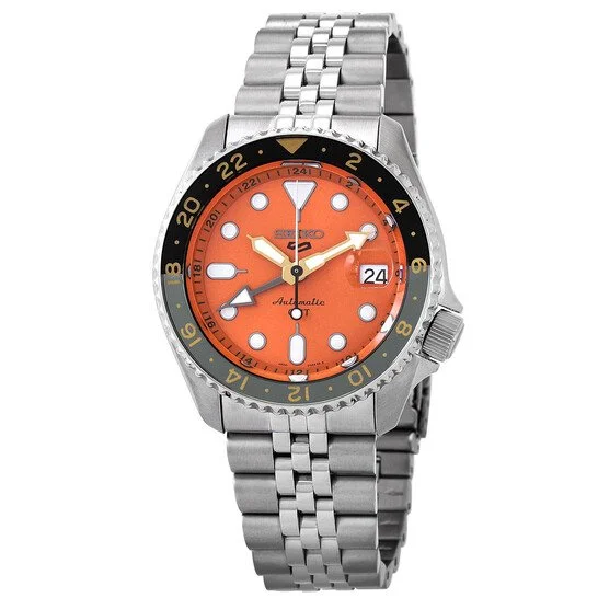 Seiko 5 Model SSK005 Sports GMT Watch - With Eye-Catching Orange Dial and 2-Tone Bezel