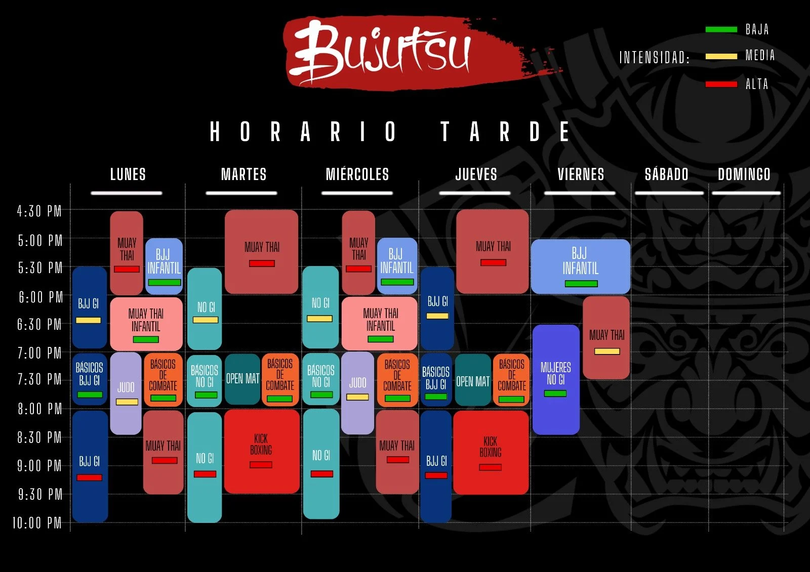 Weekly martial arts class schedule with colored blocks indicating different classes from 4:30 PM to 10:00 PM, including Muay Thai, Brazilian Jiu-Jitsu, children's classes, basic self-defense, and boxing, organized by days of the week.