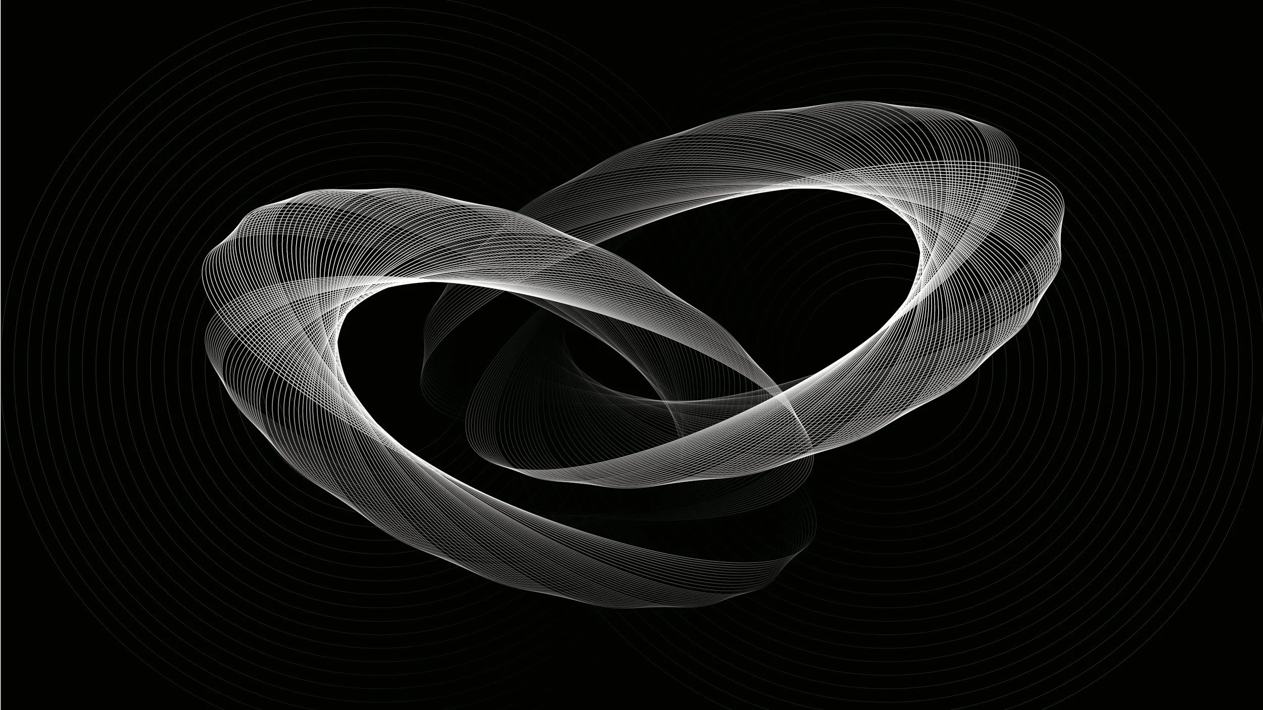 Abstract digital art with swirling white lines on a black background, forming a dynamic 3D shape.