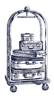 A luggage cart with multiple suitcases stacked on it