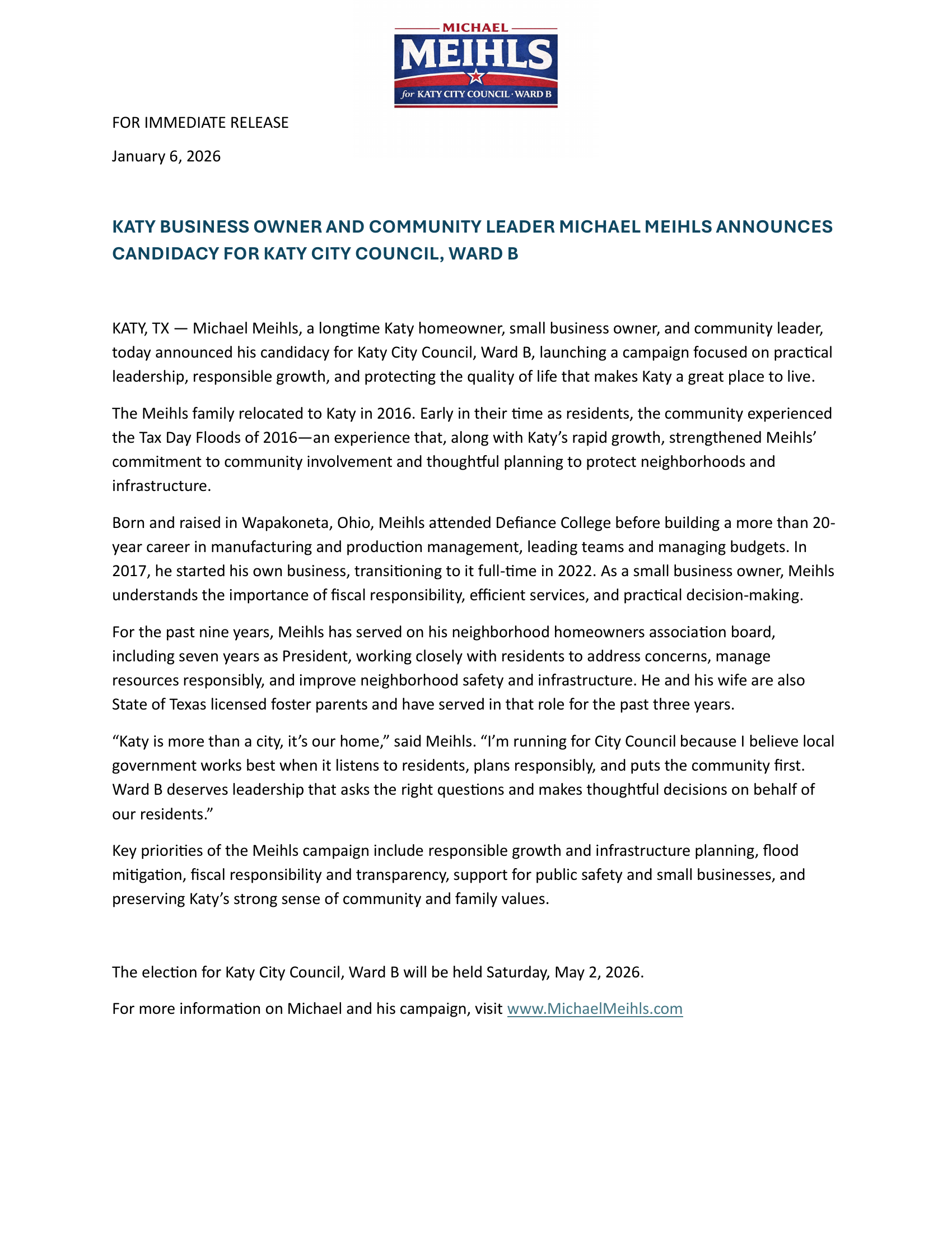 Press release announcing Michael Meihls' candidacy for Katy City Council, Ward B, dated January 6, 2026, with a campaign logo at the top.