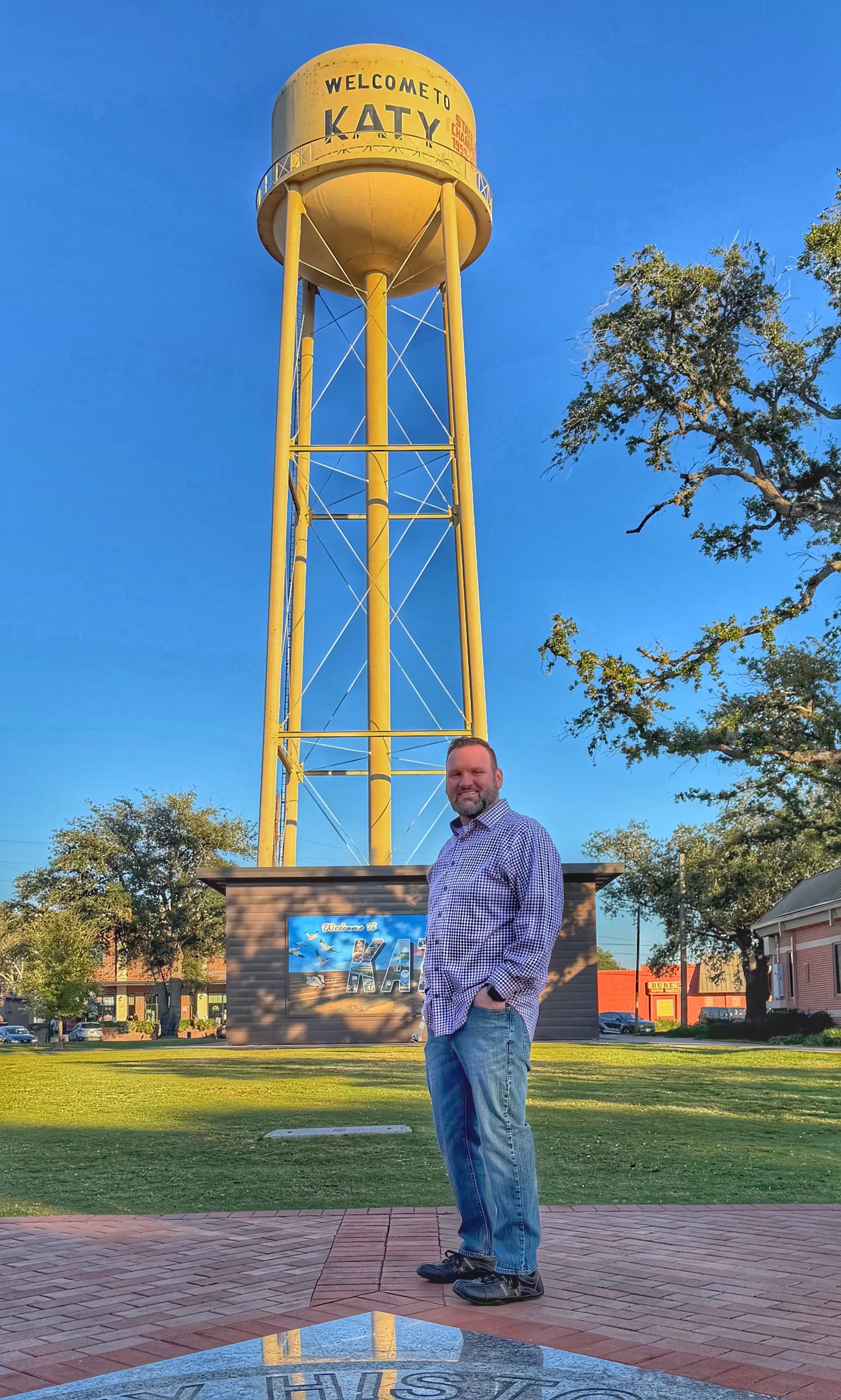 Michael Meihls, Katy resident and community leader, stands near the Katy water tower in historic downtown Katy, Texas.