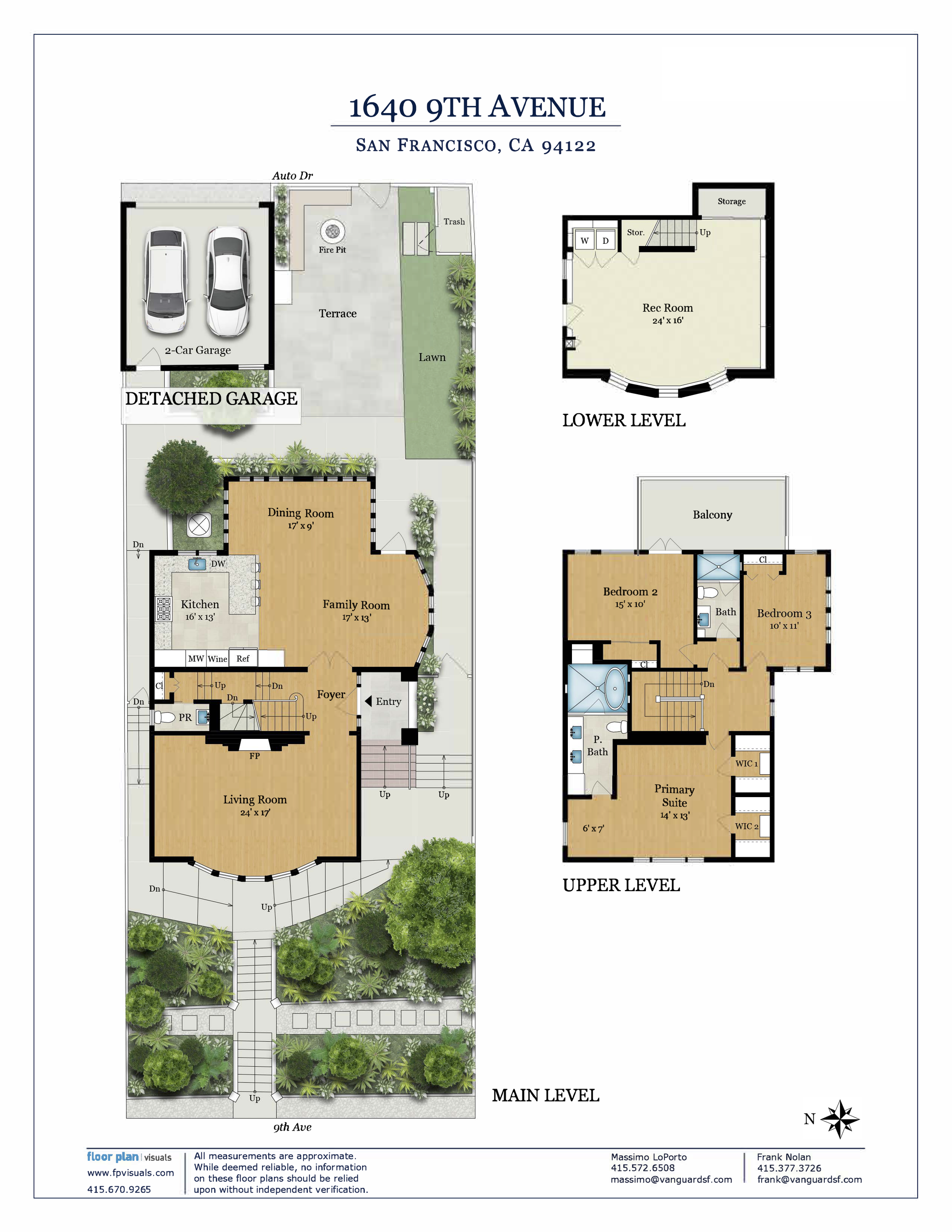 Floor plan of a multi-story house in San Francisco, CA, showing main level with living room, dining room, kitchen, foyer, and garden; upper level with bedrooms, primary suite, bathrooms, and balcony; lower level with recreation room and storage; detached garage, driveway, terrace, lawn, and fire pit outdoor area.