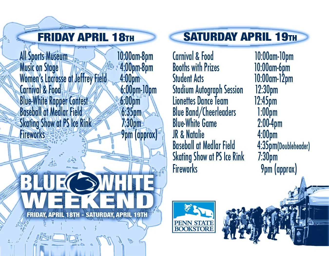 Event schedule for Blue & White Weekend on April 18th and 19th, 2023, at Penn State. Activities include sports, food, contests, performances, and fireworks, with times listed for each event.