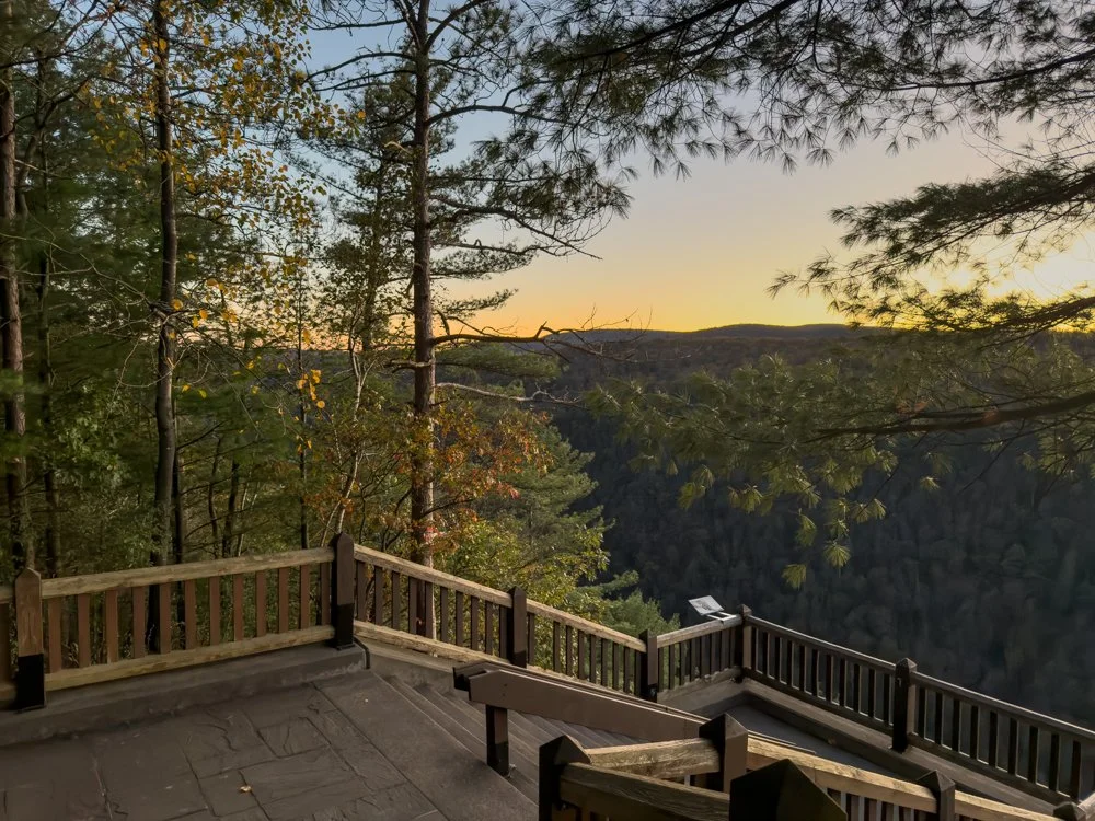Wooden deck overlooking a forested canyon during sunset with trees in the foreground and hills in the distance.