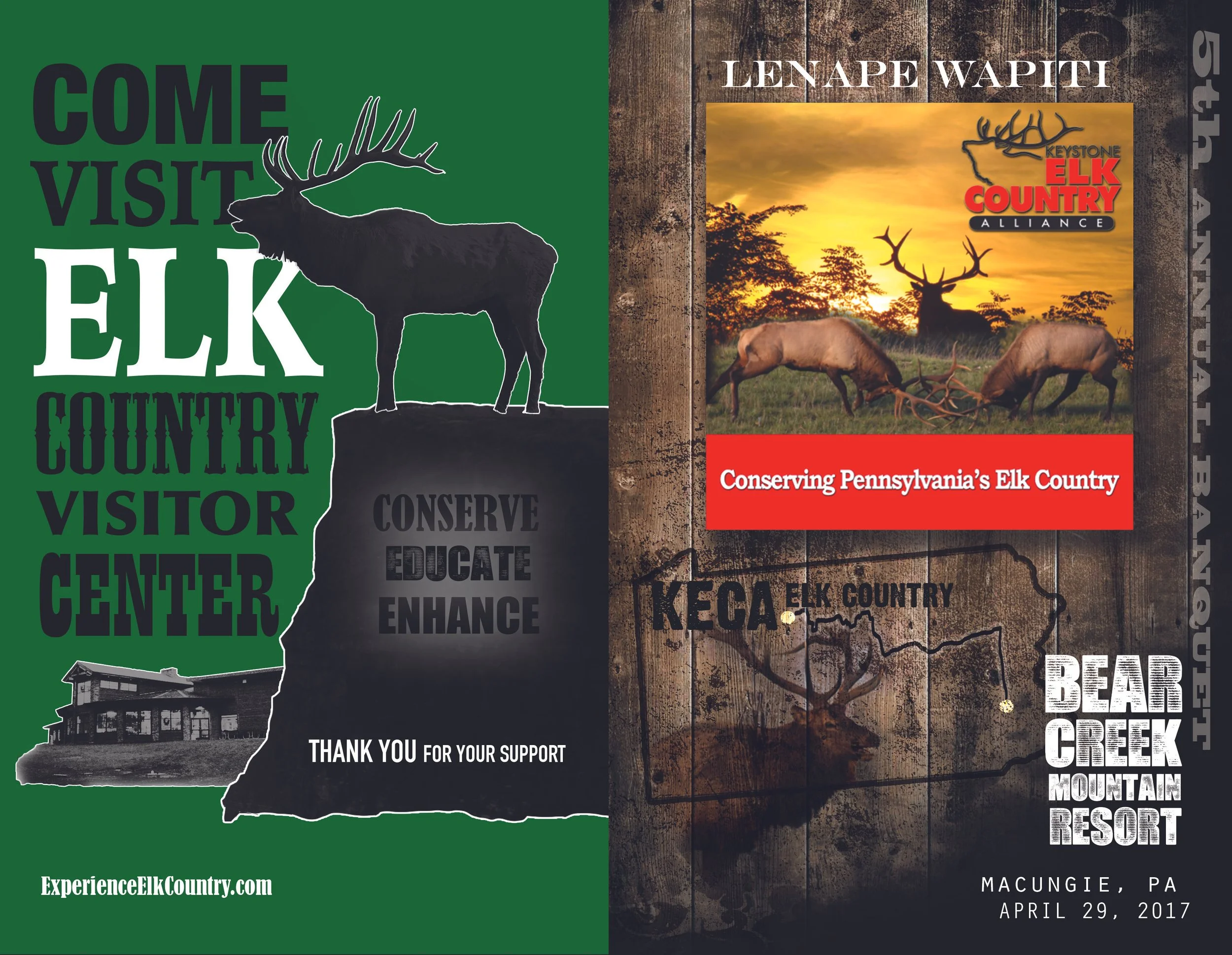 Brochure covers for Elk Country Visitor Center and Elk Country Alliance event, featuring images of elk, a sunset, and a map of Elk County, Pennsylvania, with the event location at Bear Creek Mountain Resort, held on April 29, 2017, in Macungie, PA.