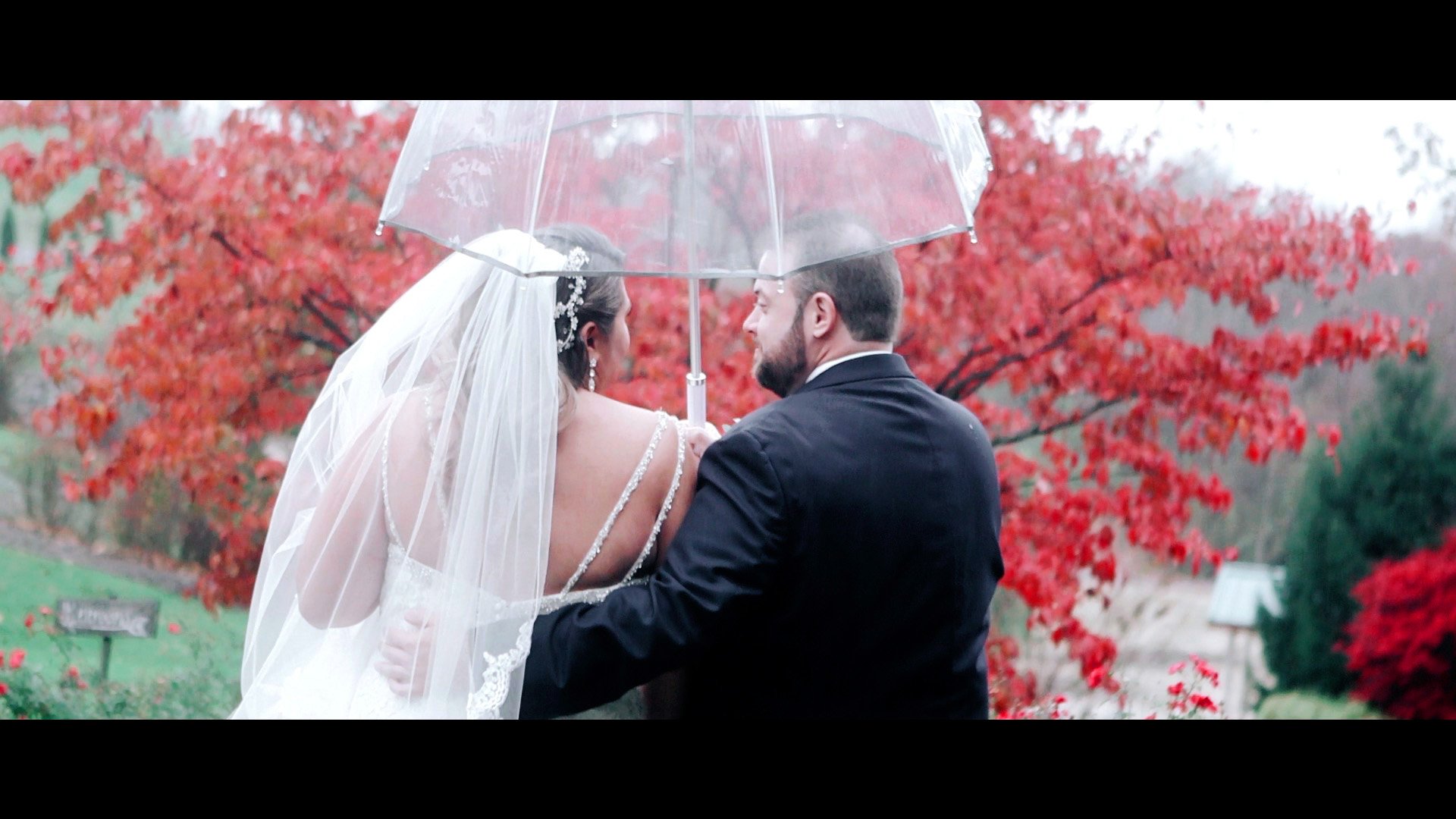 A bride and groom stand together under a transparent umbrella, facing each other closely, with vibrant red autumn leaves in the background.