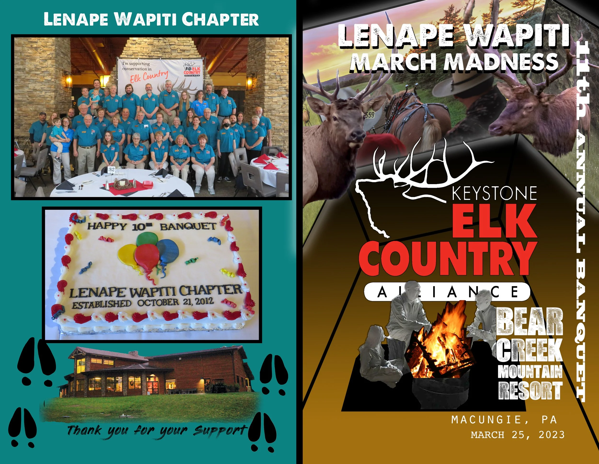 A collage of photos advertising the Lenape Wapiti Chapter's March Madness event at Bear Creek Mountain Resort in Macungie, PA, on March 25, 2023. It includes a group photo of chapter members, a cake celebrating the chapter's 10th anniversary, and a p