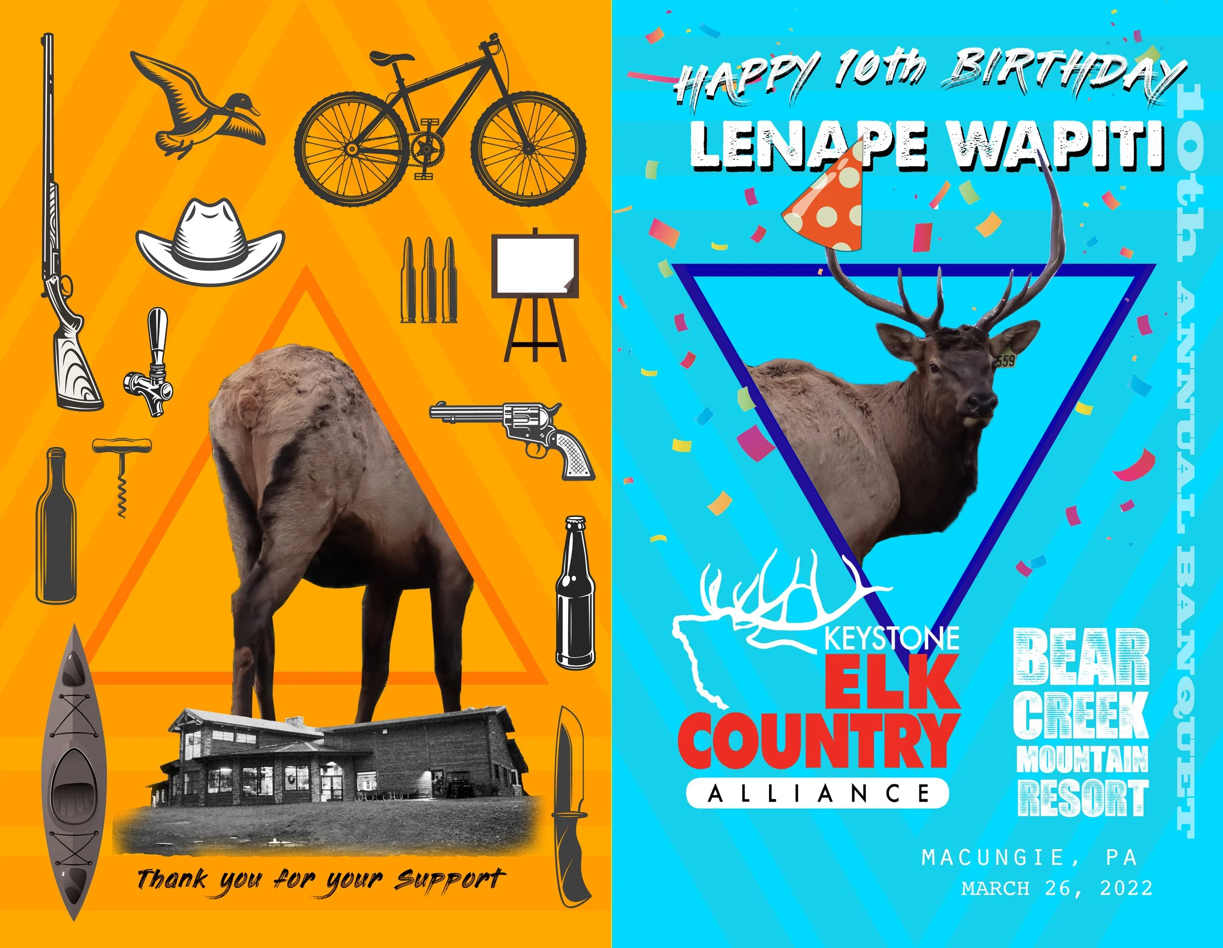 Celebration graphic featuring a buck with antlers, confetti, and text celebrating Lenape Wapiti's 10th birthday. The image includes two sections with imagery associated with Elk County, Pennsylvania, including a barn, outdoor and outdoor gear, a bicy