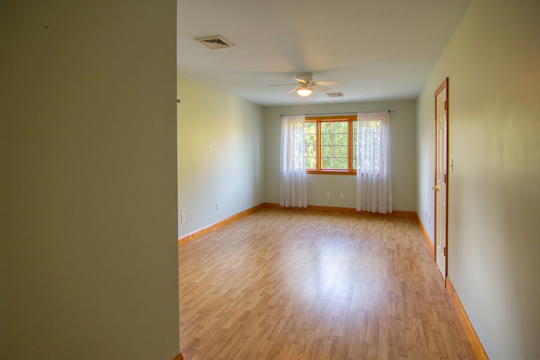 Empty living room with light green walls, hardwood flooring, a window with curtains, a ceiling fan, and a door.