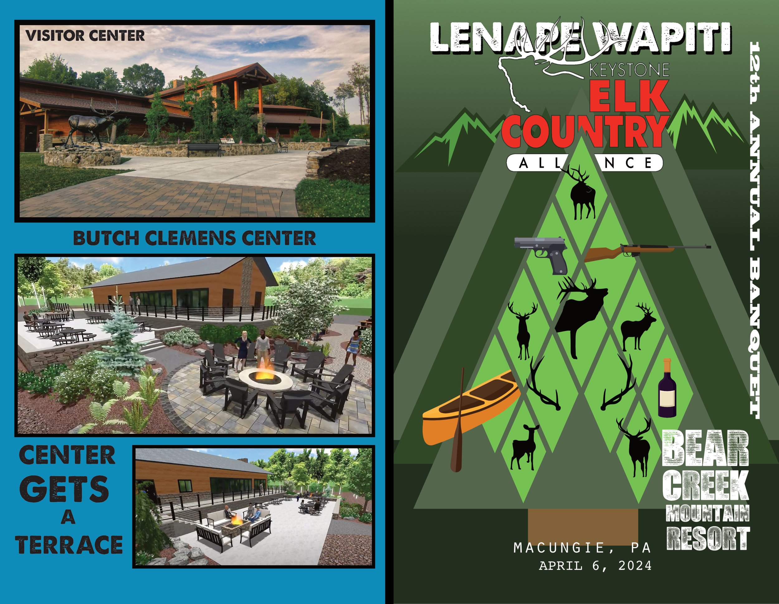 Poster for Bear Creek Mountain Resort in Macungie, PA, showing photos of the Visitor Center, Butch Clemens Center, and a terrace, with the event details of April 6, 2024, and a graphic design of pine trees, deer, a canoe, a fire arm, a pistol, a bott