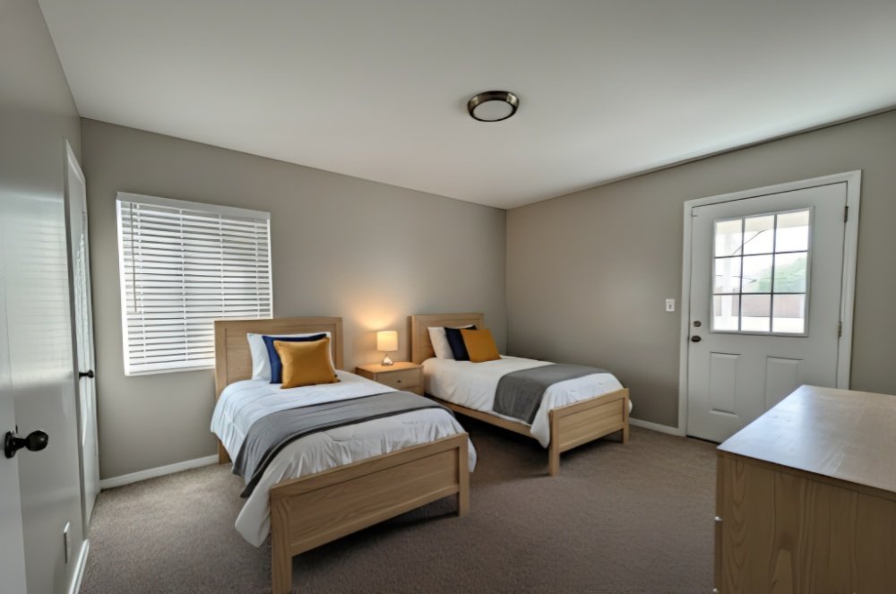 A bedroom with two twin beds, a nightstand with a lamp, window with blinds, and a door with window panes.