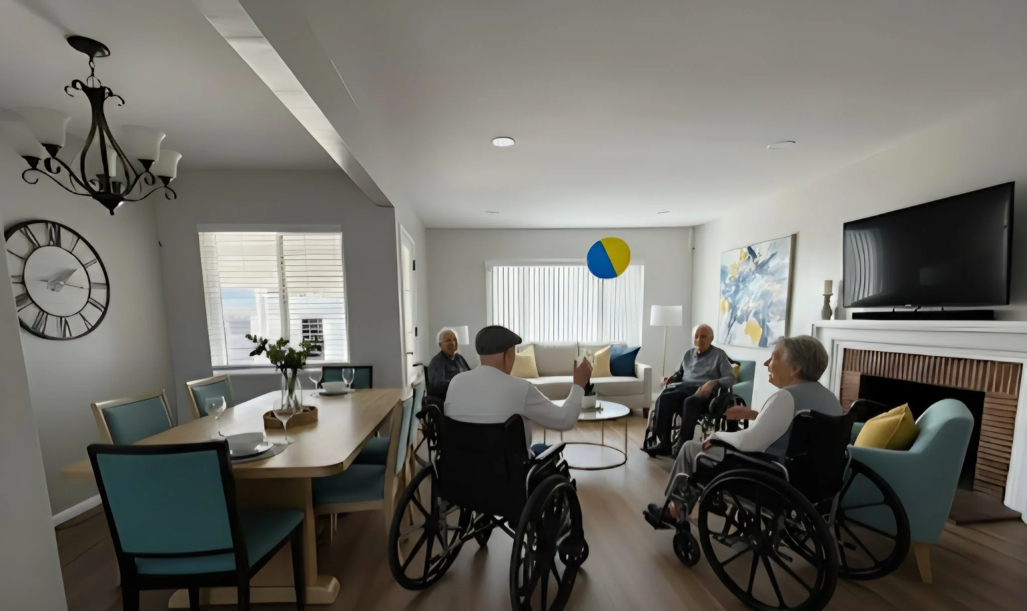 Senior residents in wheelchairs gathered in a living room with sunlight, modern decor, wall art, a fireplace, and a dining area.