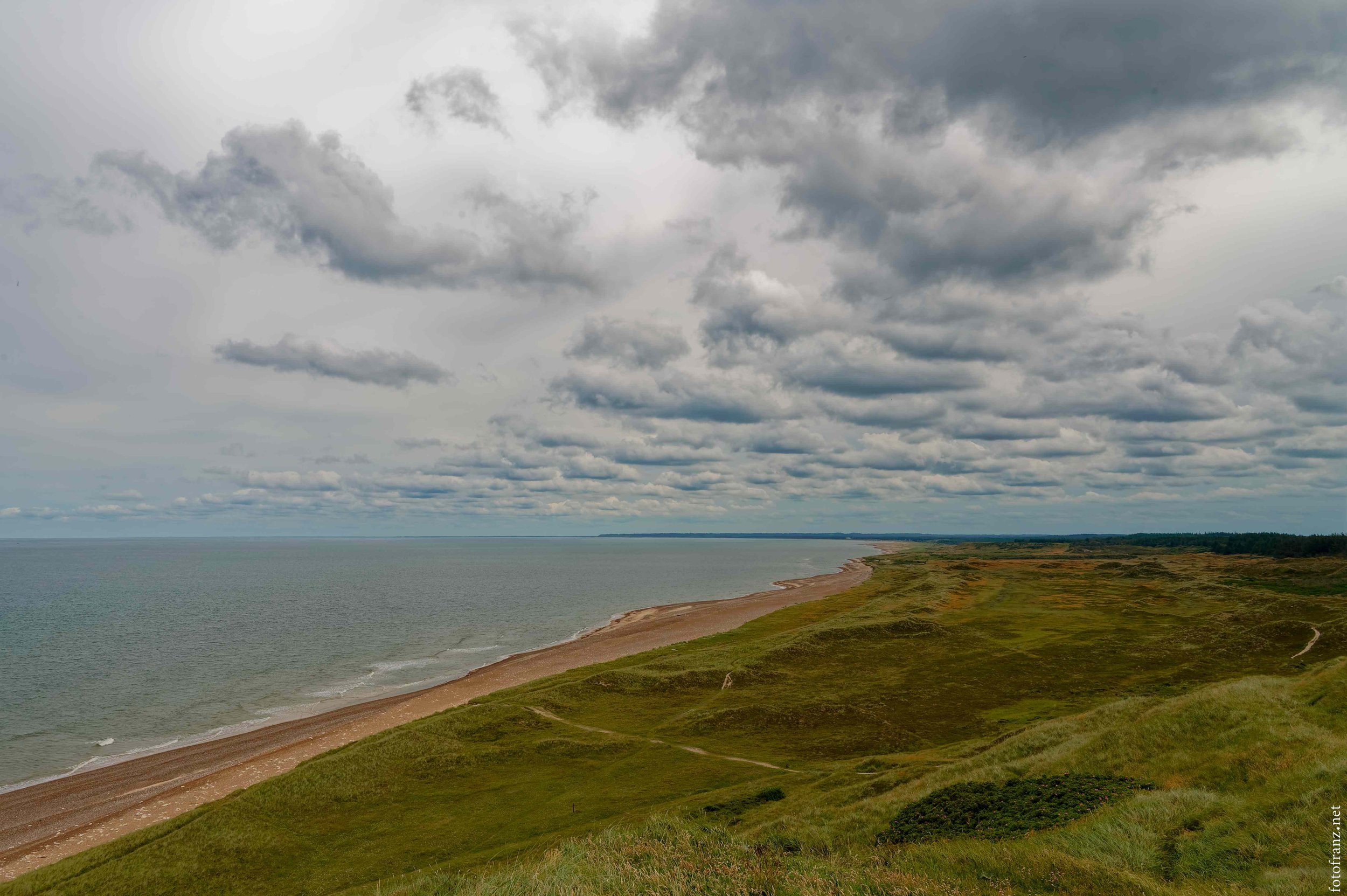 Eine Küstenlandschaft mit grünen Wiesen, einem sandigen Strand und einem ruhigen Meer unter einem bewölkten Himmel.