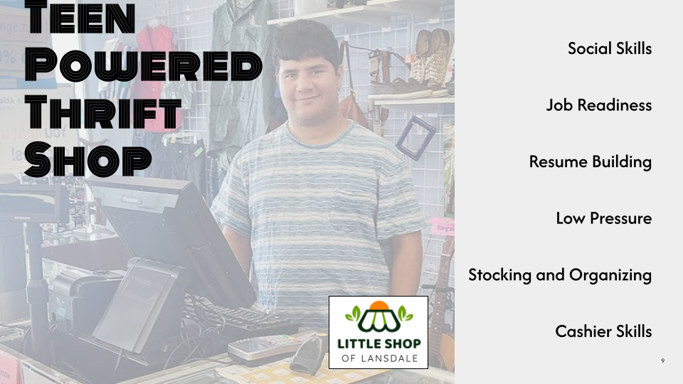 Young man working behind the counter at a thrift shop with shelves of shoes and clothing in the background. Overlay text includes 'Teen Powered Thrift Shop' and a list of skills, along with a logo for Little Shop of Lansdale.