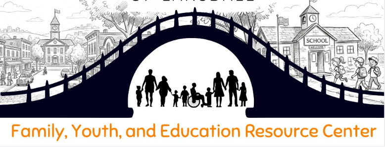 Black and white illustration of a community scene with a bridge in the center, family figures including children and adults, some in wheelchairs, walking underneath. Background shows buildings, trees, and a school. Text at the bottom reads "Family, Youth, and Education Resource Center."