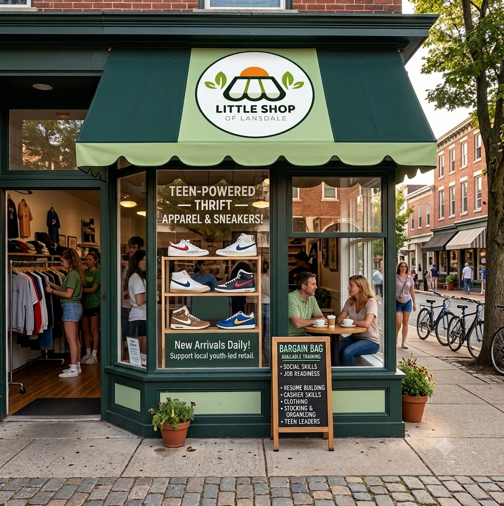 storefront of Little Shop of Lansdale with a green awning and large display window. Inside, teenagers are shopping, and outside, a man and woman are sitting at a table. The window display features various sneakers and a sign promoting new arrivals. A chalkboard sign lists services and programs, and bicycles are parked on the sidewalk.