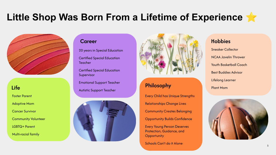 An infographic titled 'Little Shop Was Born From a Lifetime of Experience' with sections on Life, Career, Philosophy, Hobbies, and images of colored ribbon, flowers, networking cables, and a basketball.