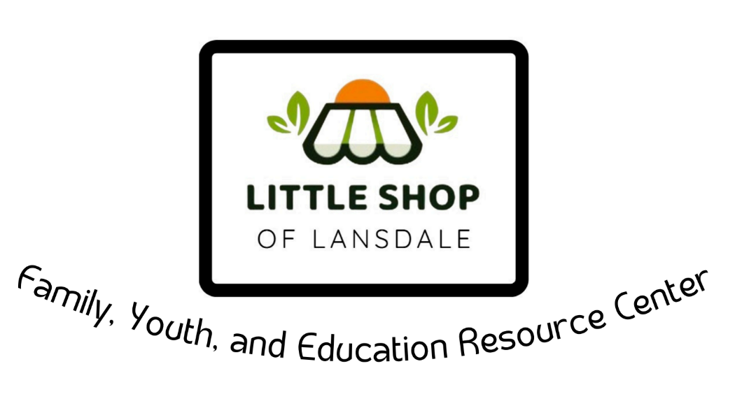 Logo of Little Shop of Lansdale, a family, youth, and education resource center, featuring a stylized shop awning with leaves and an orange sun.