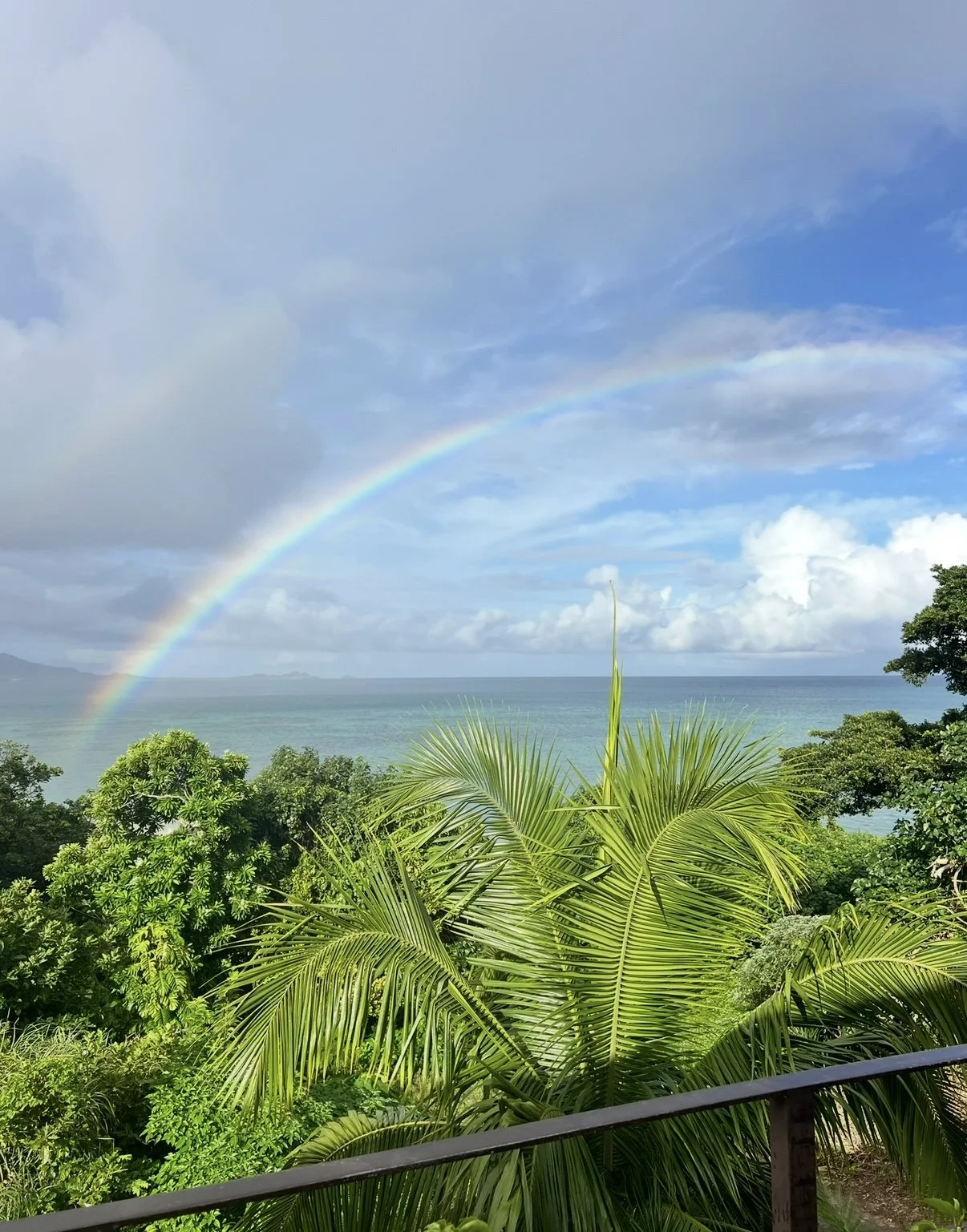 A scenic view of a rainbow in a cloudy sky over lush green tropical trees and the ocean, with a railing in the foreground.
