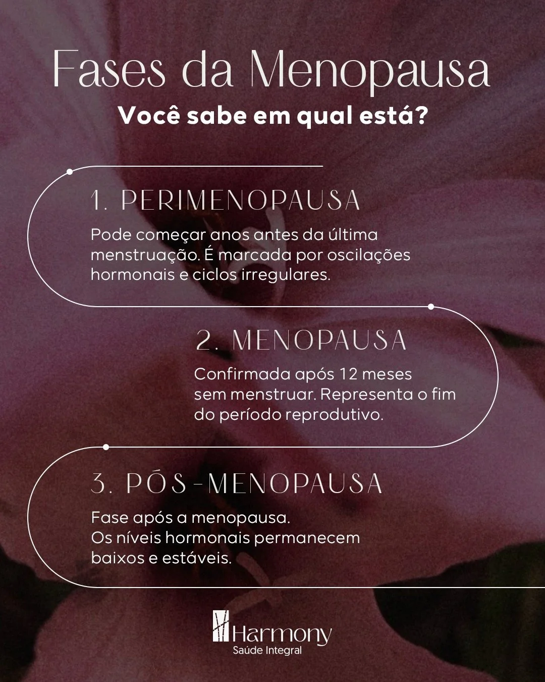 A menopausa &eacute; um processo dividido em fases, e cada uma delas traz mudan&ccedil;as importantes no corpo da mulher.

1️⃣ Na perimenopausa, &eacute; comum observar altera&ccedil;&otilde;es no ciclo menstrual, al&eacute;m de sintomas como irritab