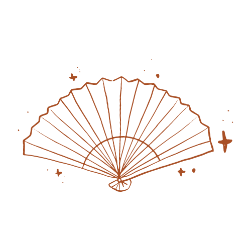 outline of a decorative hand fan with star and sparkle accents surrounding it.