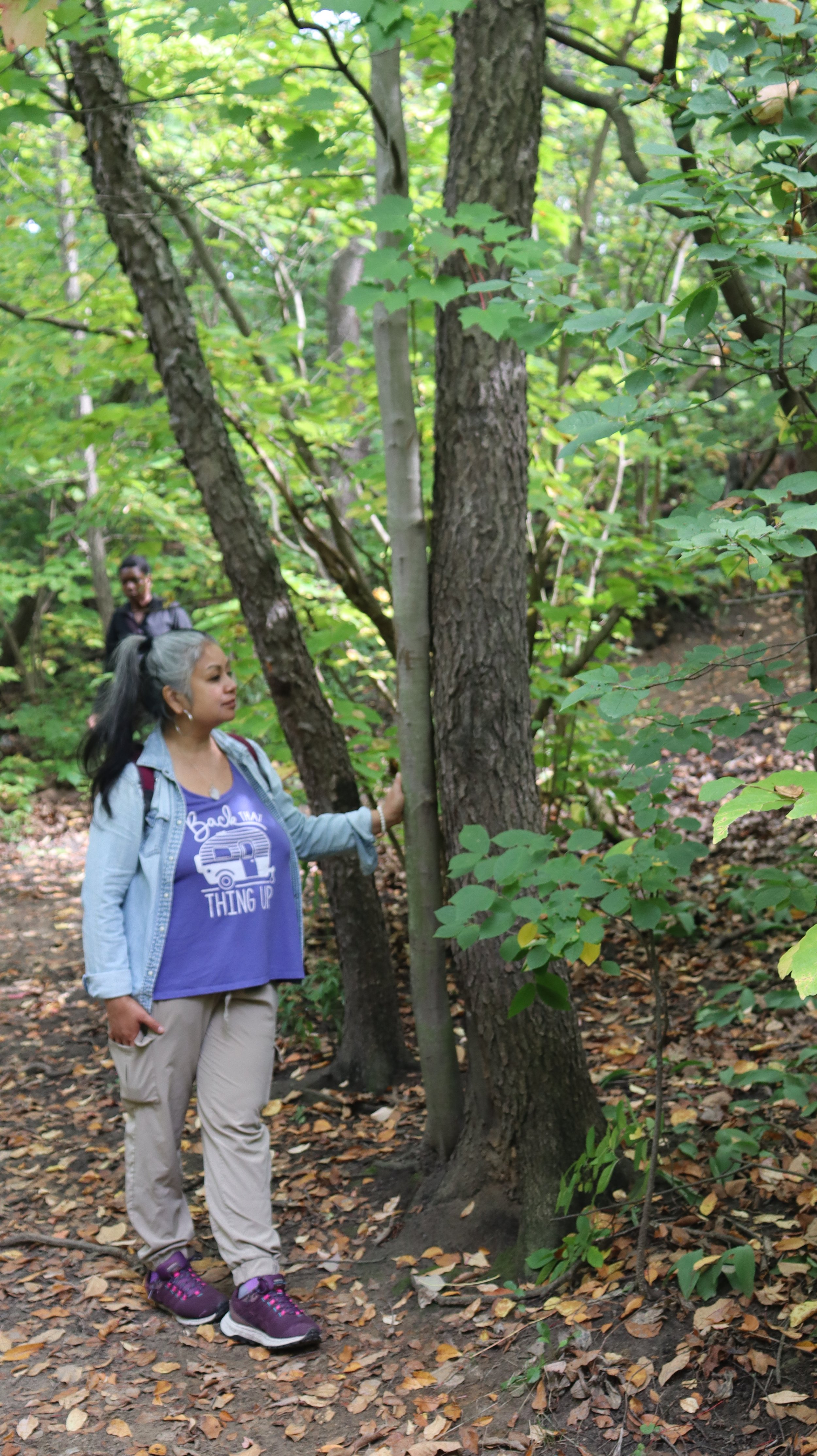 Two people walking in a forest, a woman in the foreground touching a tree and a man in the background, surrounded by green foliage and fallen leaves.