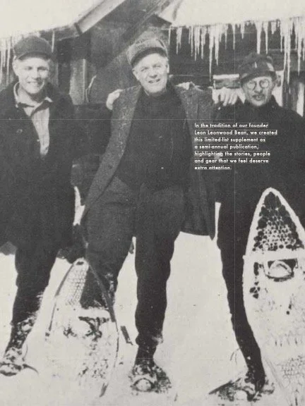 Snowshoers with text overlay - an introductory page to the L.L.Bean Supplement