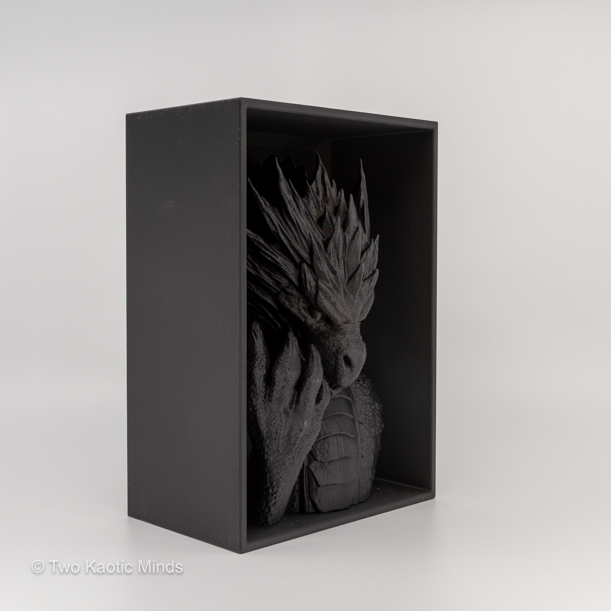 Frost Dragon head book nook side angle showing the full depth of the matte black outer box and crouching dragon head detail