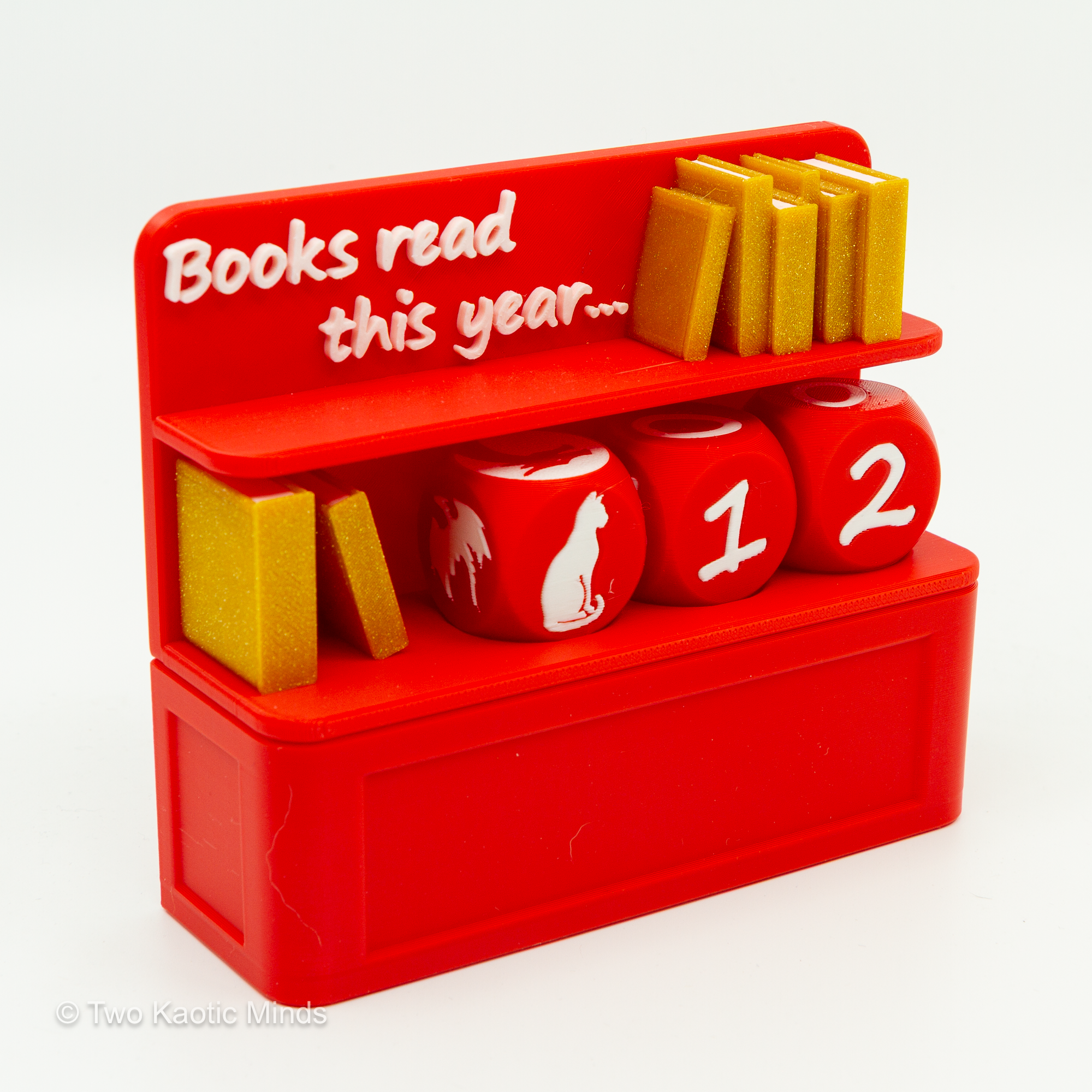Red and gold color variant of the Book Counter with yellow mini books and red dice