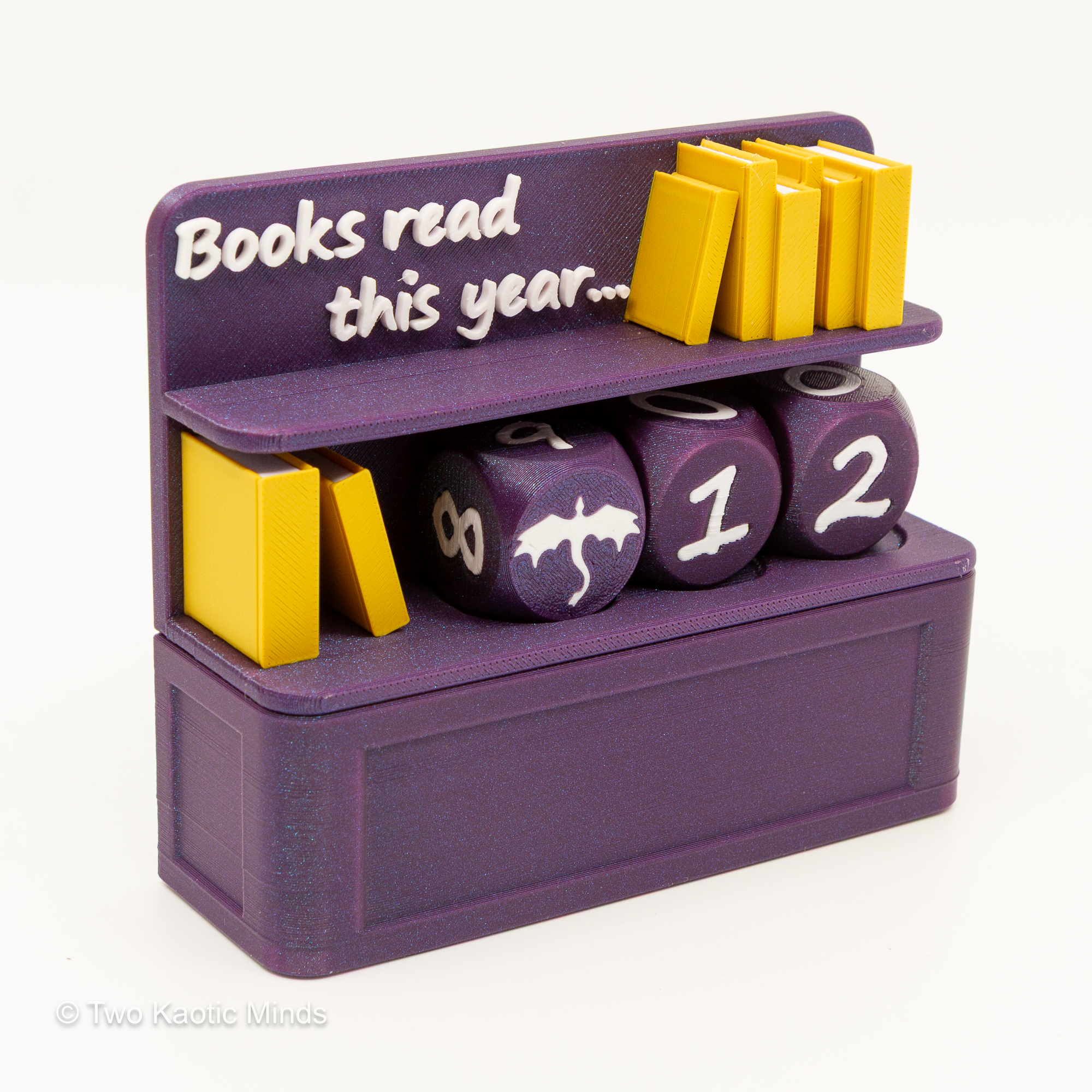 Purple and yellow color variant of the Book Counter with yellow mini books and purple dice
