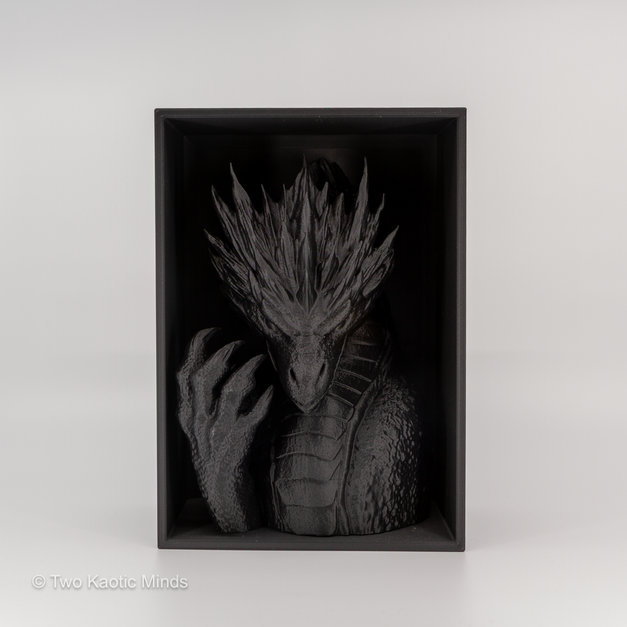 Frost Dragon head book nook in matte black showing detailed crouching dragon with raised claws inside a matte black outer box, front view