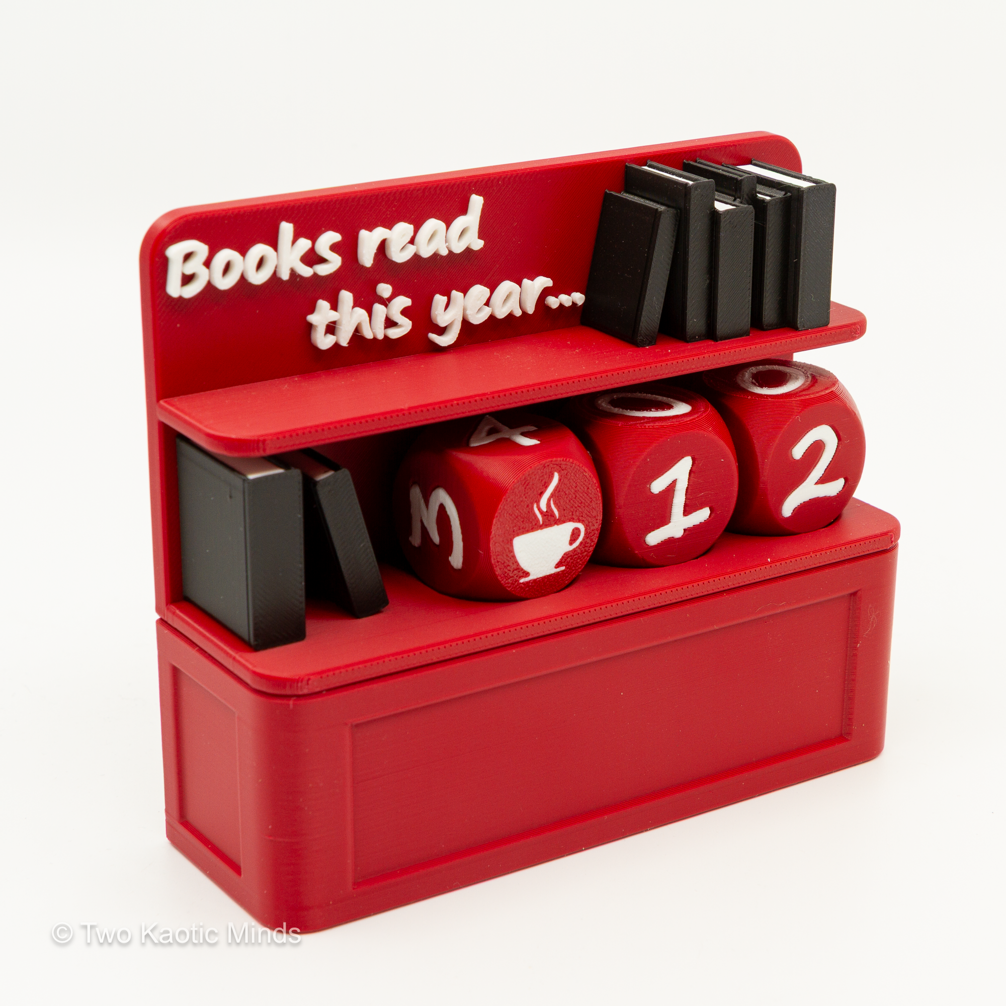 Red and black color variant of the Book Counter with black mini books and red dice showing a coffee cup icon