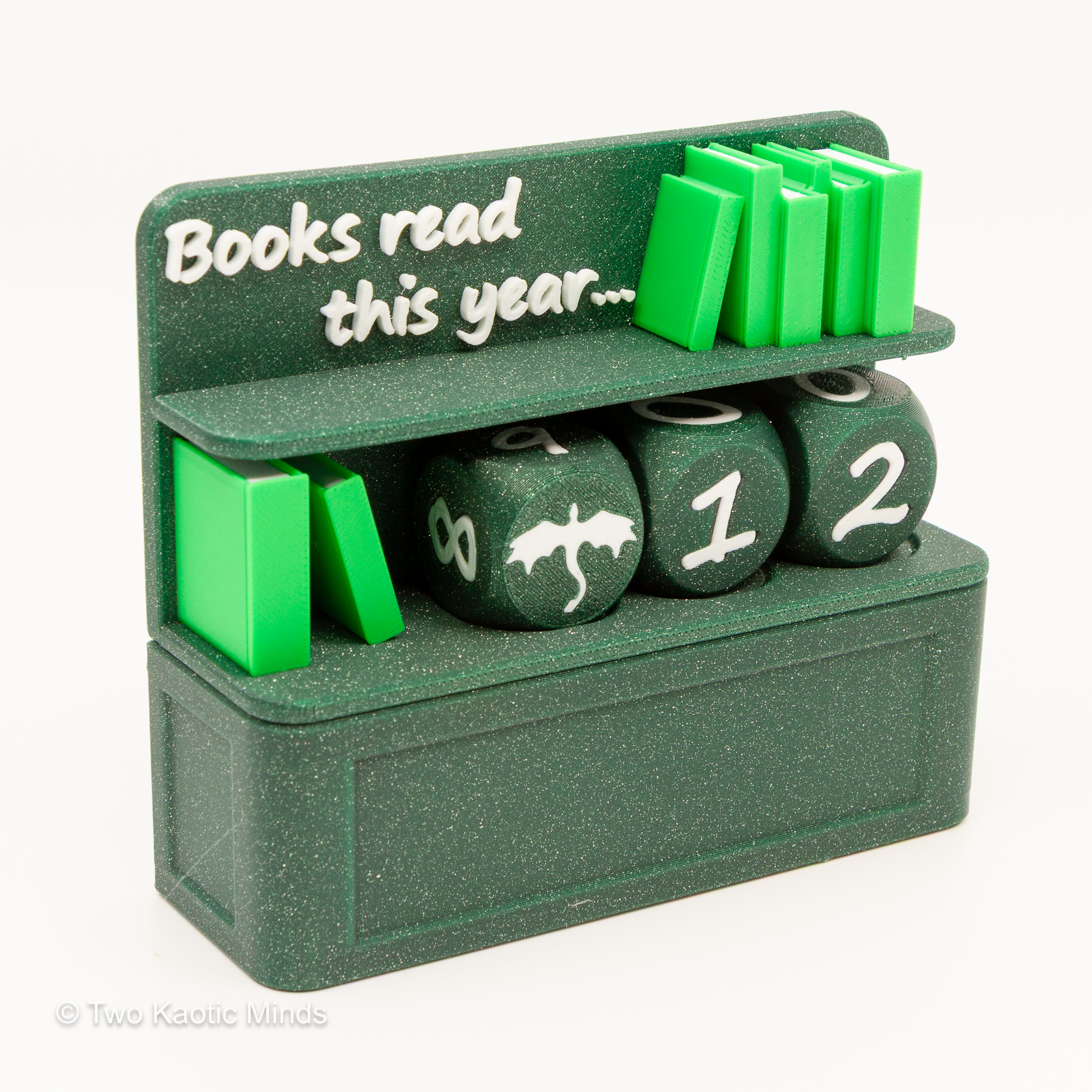 Dark green color variant of the Book Counter with bright green mini books and dark green dice