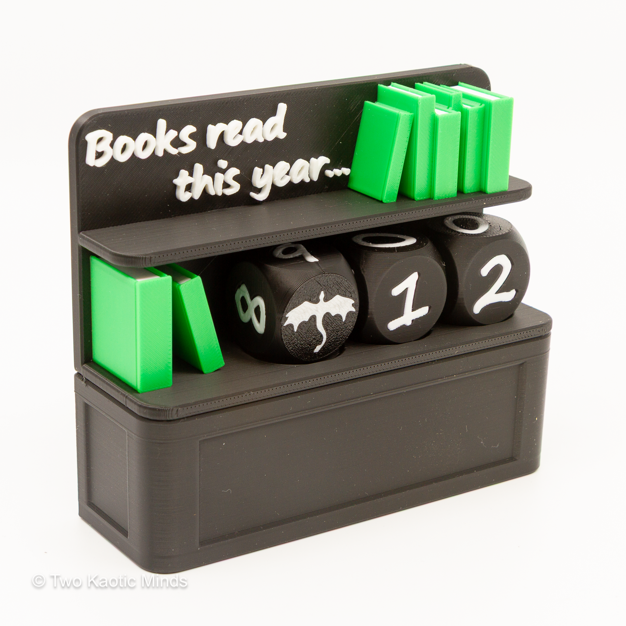 Black and green color variant of the Book Counter shelf decor with green mini books and black dice