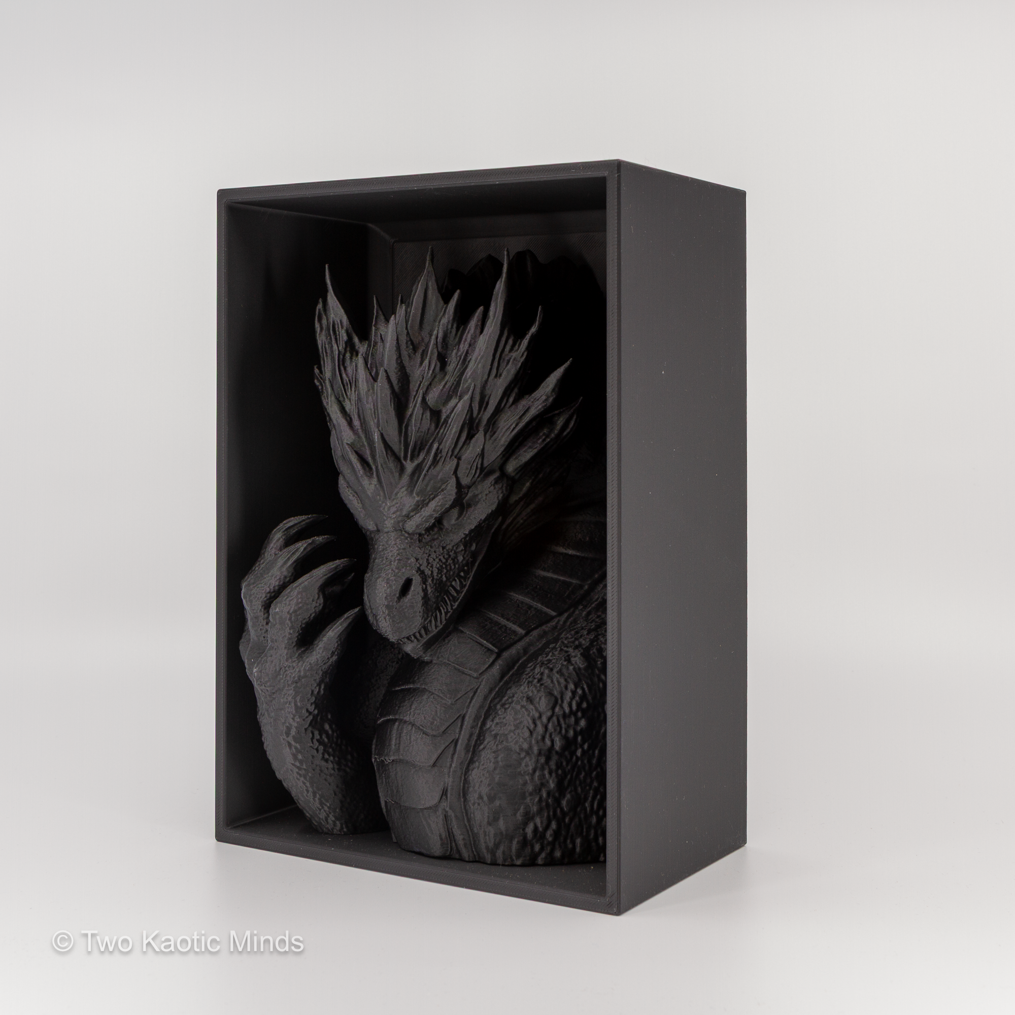 Frost Dragon head book nook angled view showing crouching dragon detail inside the matte black box with wing suggestion visible