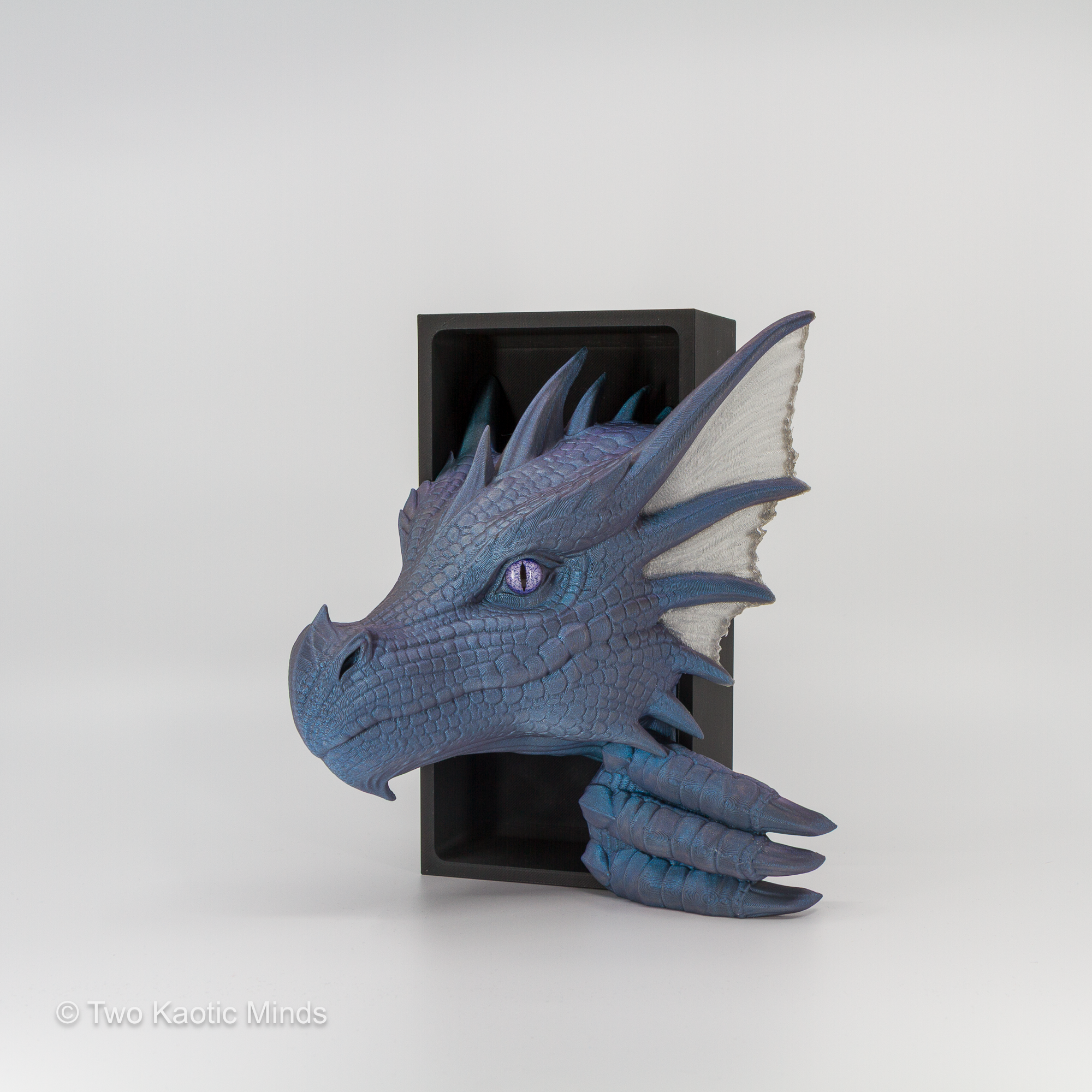 3D printed Sea Dragon book nook in mercury blue-grey with translucent natural white accent fins and purple glass eyes, emerging from matte black box, front angle view