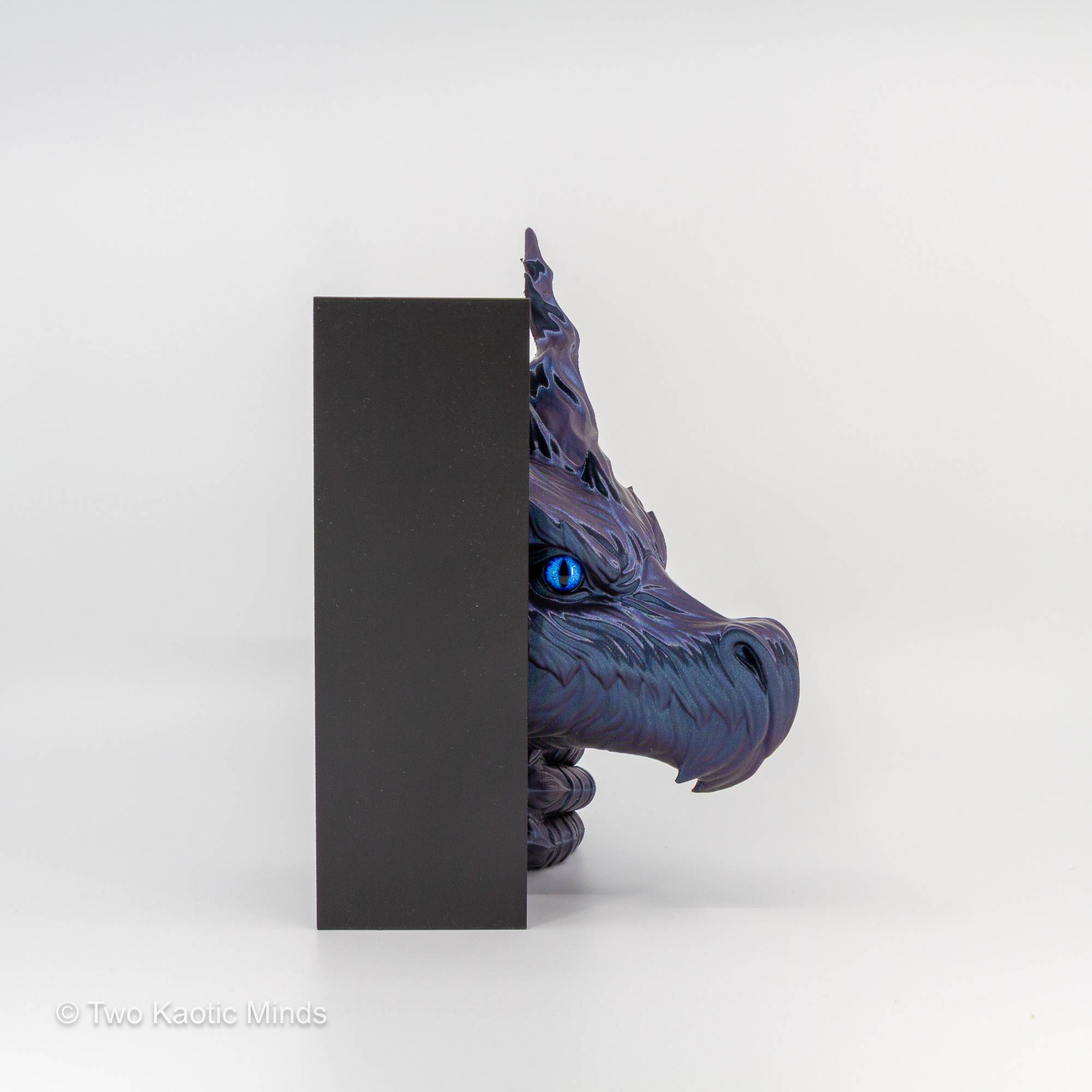 Side view of the Shadow Dragon book nook showing the graceful dragon head profile against the matte black outer box