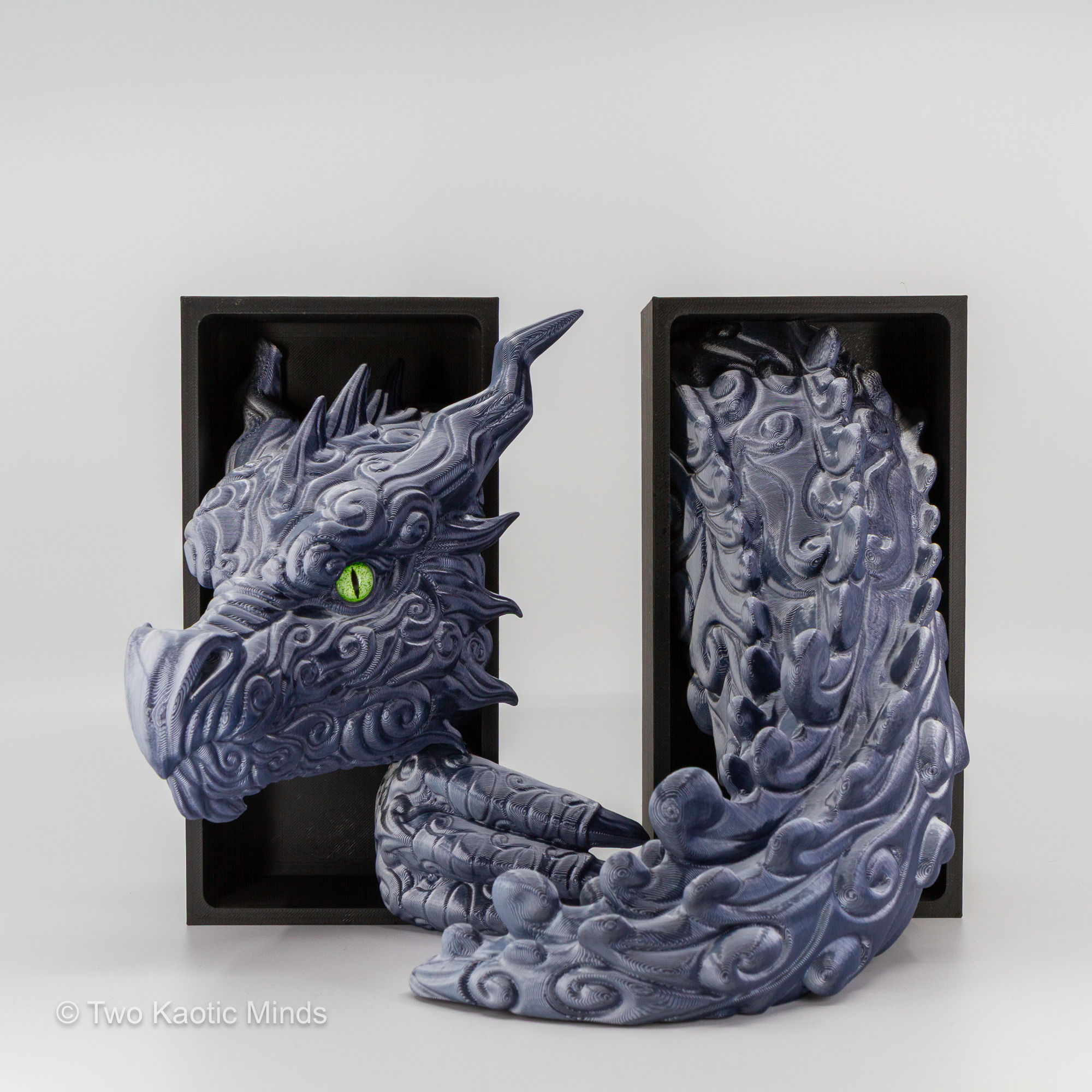 Granite Cloud Dragon head and tail set shown together with matte black outer box, angled view showing both sculpted pieces