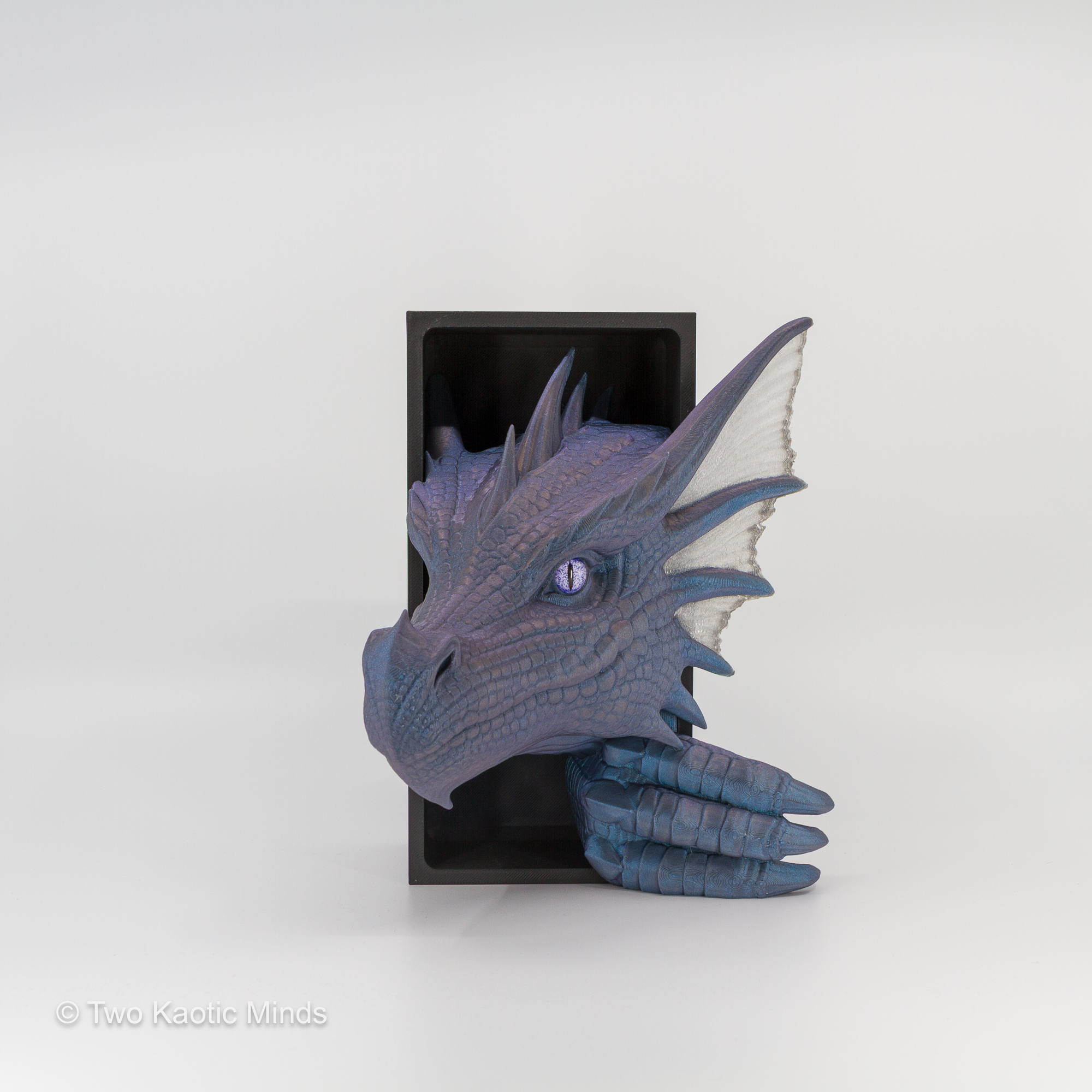 Angled front view of the Mercury-Natural Sea Dragon book nook showing translucent white fin detail and purple glass eye