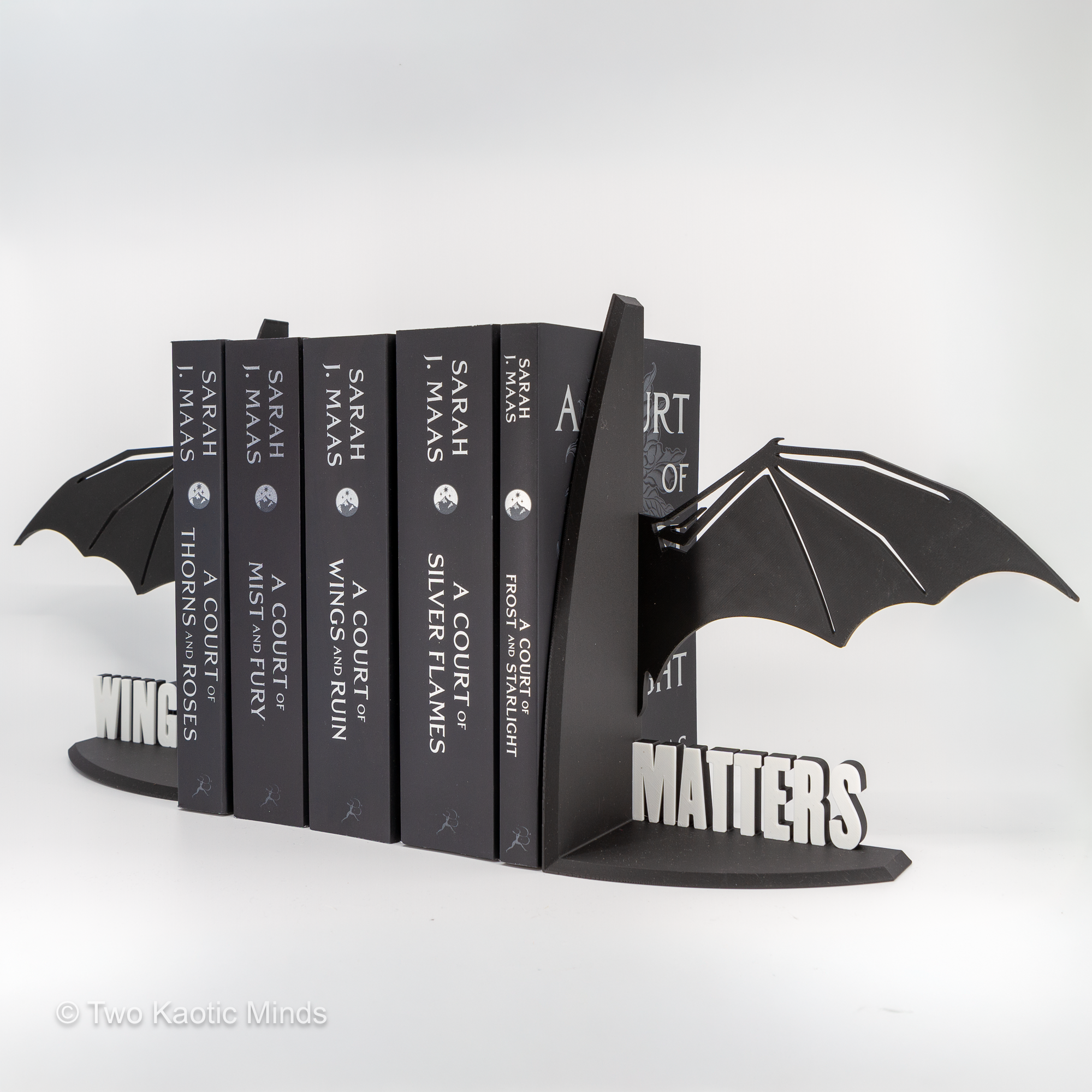 Wingspan Matters dragon bookends holding a collection of fantasy books, angled left view showing MATTERS bookend and book spines