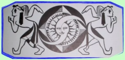 Stylized black and white abstract design featuring two mirrored female figures with wings, surrounding a central sun and moon motif.