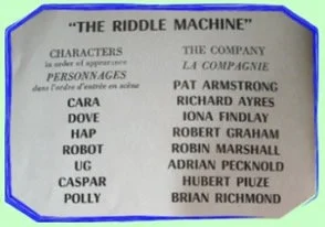 A list of characters and actors from 'The Riddle Machine,' featuring characters like Cara, Dove, Hap, Robot UG, Caspar, Polly, and actors such as Pat Armstrong and Richard Ayres.