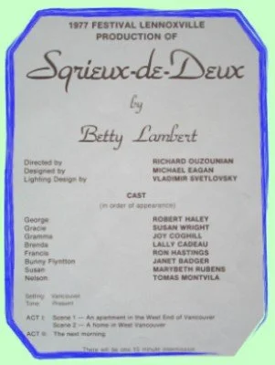 The poster displays information about a 1977 theater production of "Sqrieux-de-Deux" by Betty Lambert. It lists the director, lighting designer, cast members, and scenes.